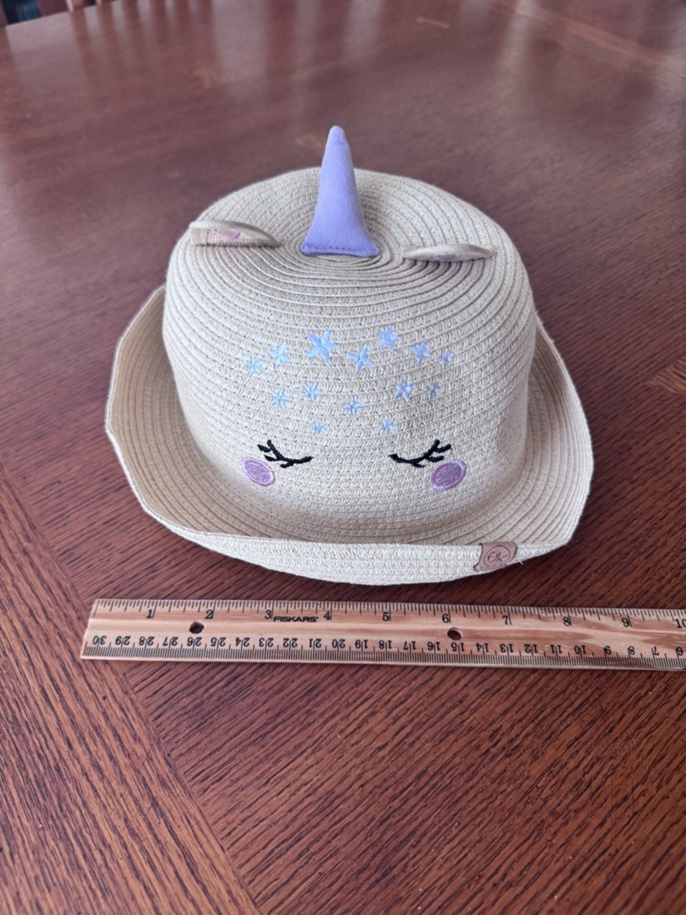 Kids Beige Unicorn Straw Hat with Purple Horn